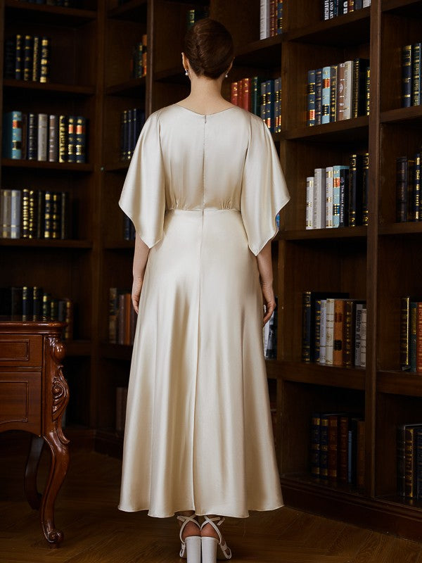 Robes de mère de la mariée en satin soyeux froncé, manches 1/2, longueur cheville